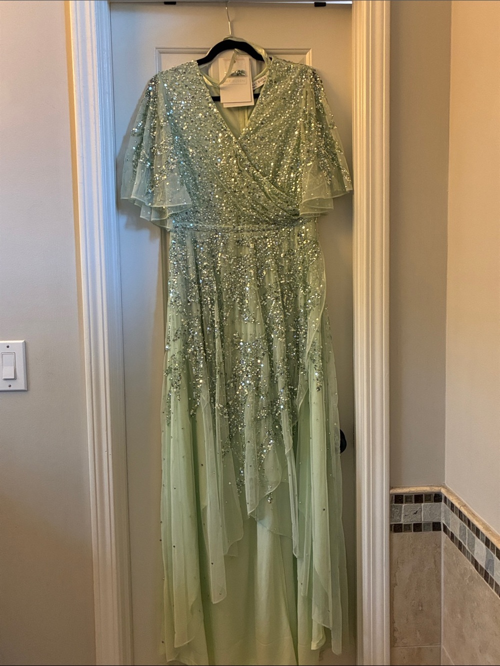Mac Duggal Sage Green Sequined Wrap Maxi Dress